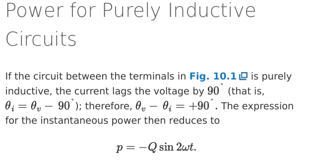 <ul><li><p>for purely inductive circuits, current lags behind voltage by 90°</p><ul><li><p>θi = θv - 90° and thus θv - θi = +90</p></li></ul></li><li><p>thus instant power expression is p = -Qsin2wt</p></li></ul><p></p>