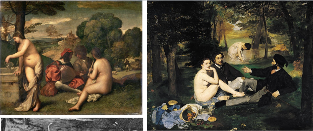 <ul><li><p>Manet’s <em>Déjeuner sur l’herbe</em> is directly inspired by Giorgione’s <em>Pastoral Concert</em>, a Renaissance painting.</p></li><li><p>In Giorgione’s work, nude female figures appear alongside clothed men in a natural setting.</p></li><li><p>However, in the Renaissance context, the nude women are understood as <strong>mythological or symbolic figures</strong>, which makes the scene acceptable.</p></li><li><p>Manet borrows this composition but replaces the mythological figures with <strong>real, modern people</strong>.</p></li><li><p>Unlike Giorgione’s figures, Manet’s nude woman does not represent a goddess and instead appears as a real person.</p></li><li><p>This removes the “artistic excuse” for nudity and makes the scene feel more direct and uncomfortable.</p></li><li><p>The comparison highlights how Manet challenges traditional art by turning a classical composition into a modern, controversial image.</p></li></ul><div data-type="horizontalRule"><hr></div><p> <span data-name="brain" data-type="emoji">🧠</span> Easy way to remember: </p><p><span data-name="point_right" data-type="emoji">👉</span> Giorgione = myth → acceptable nude<br><span data-name="point_right" data-type="emoji">👉</span> Manet = real life → awkward nude</p>