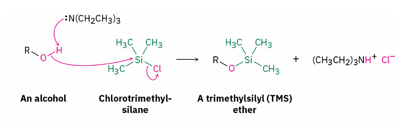 <p>chlorotrimethylsilane, and a base (CH<sub>3</sub>CH<sub>2</sub>)<sub>3</sub>N</p>