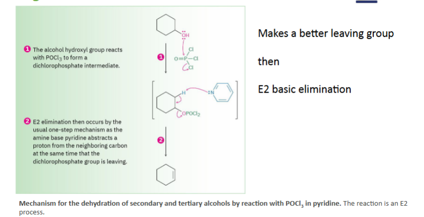 <p>Instead of acid, use POCl3 + Pyridine, this follows an E2 mechanism</p><p>Steps </p><ol><li><p>POCl₃ converts OH into a better leaving group. </p></li></ol><ol start="2"><li><p>Pyridine removes H.</p></li></ol><ol start="3"><li><p>Double bond forms.</p></li></ol><p></p>