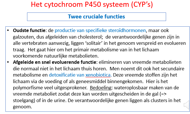 <p>Ze zullen vooral reacties katalyseren die ervoor zorgen dat het koolstofskelet van een molecule verkleint en dat er daar zuurstof gêïntroduceerd wordt met als doel er OH-groepen te introduceren om de wateroplosbaarheid van hun substraat te verhoge,.</p><p></p><p>Dit heeft zij belang bij bv detoxifiactie van geneesmiddelen / toxines (kan bv uit de voeding) om deze meer wateroplosbaar te maken zodat ze het lichaam weer kunnen verlaten via de stoelgang of urine.</p><p></p><p><span>Diezelfde enzymes zullen we echter ook gebruiken om toxines en xenobiotica (geneesmiddelen) die ofwel van buiten het lichaam binnekomen via bv de voeding, huid, ademhaling… OF toxines die we zelf in het lichaam aanmaken meer wateroplosbaar te maken.<br>Het hele doel van de detoxificatie is dat we deze moleculen meer wateroplosbaar maken zodat we ze kunnen uitplassen of via de gal uitscheiden en de gal die zal vermengen met de voedselbolus en dan kan het zo eindigen in de stoelgang.</span></p><p>—</p><p>De CYP enzymes worden ook gebruikt om van cholesterol meer wateroplosbare moleculen te maken die dan ook andere functies hebben zoals de galzouten, steroïdhormonen…</p><p style="text-align: left;"></p><p style="text-align: left;"><span>Ze hebben nl als substraat ook cholesterol en enzymes die we nodig hebben om alle steroidhormonen en vitD en galzouten te kunnen maken uitgaande van chlesterol.</span></p><p style="text-align: left;"><span>Dit is evolutionair gezien de oudste functie van het cytochroom P450 systeem:</span></p><p style="text-align: left;"><span>Metaboliseren van cholesterol tot steroidhormonen, galzouten…</span></p>