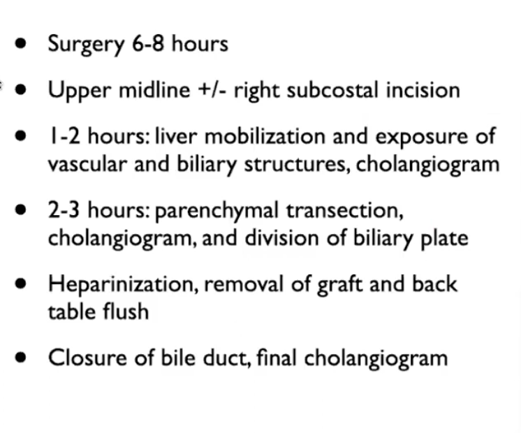 <ul><li><p>done through upper midline incision maybe sometimes with a right subcostal incision added in </p></li><li><p>First two hours verify liver anatomy - vasucular and billary structure </p><ul><li><p>Cholangiogram - verify biliary anatomy of the donor </p></li></ul></li><li><p>2 to 3 hours - parenchymal transection </p><ul><li><p>Bile duct is carefully divided to ensure that it is not taken away from donor </p></li></ul></li><li><p>Donor is anticoagulated with heparin - major blood vessels to be removed and split up are divided </p></li><li><p>Graft is removed and flush of graft with pefusion liquid is done </p></li><li><p>final cholangiogram done to verify that the bile duct anatomy is intact in the portion remaining in the donor </p></li></ul><p></p>