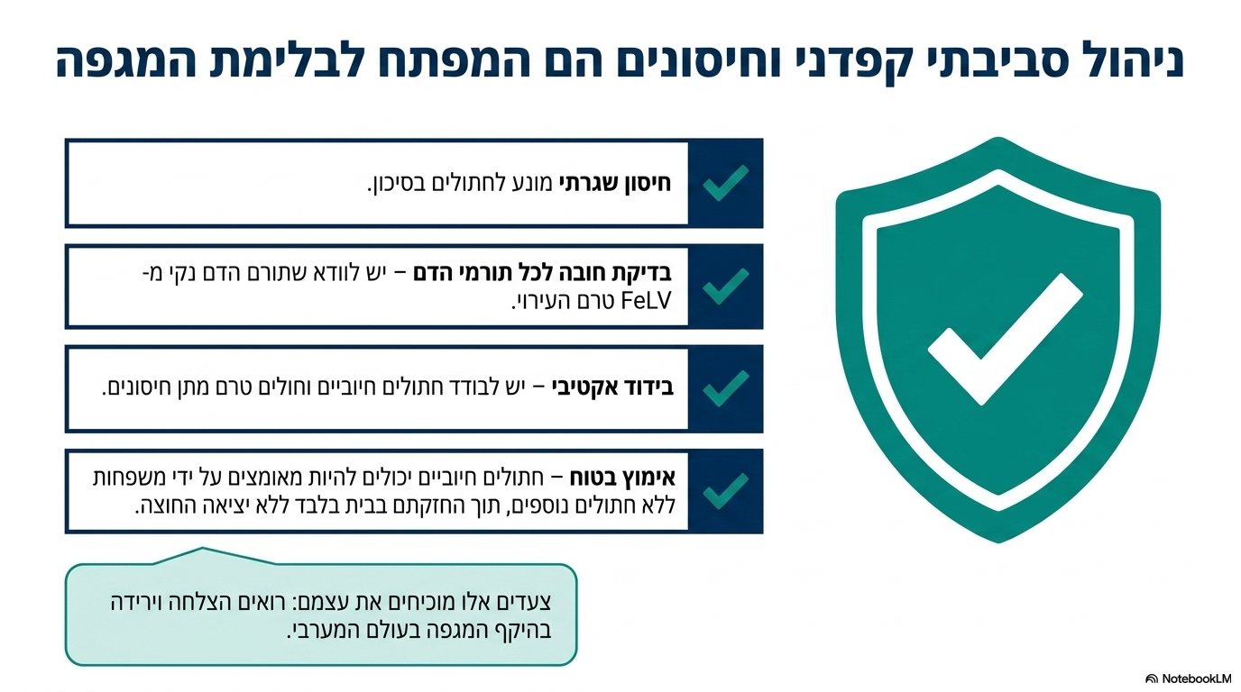 <ul><li><p><strong>מניעה:</strong> מתן חיסון ייעודי.</p></li><li><p><strong>בידוד:</strong> חובה לבודד חתולים שנמצאו חיוביים (טרם מתן חיסון) וחתולים חולים (למשל, החזקתם בבית כחתול יחיד ללא חתולים נוספים).</p></li><li><p><strong>פרוטוקול בדיקה לאחר חשיפה:</strong> יש לבצע בדיקת אנטיגן חוזרת <strong>90 יום לאחר החשיפה האפשרית</strong> (כדי לשלול הדבקה בשל תקופת הדגירה).</p></li><li><p><strong>מגמת עולמית:</strong> כיום נרשמת הצלחה וירידה בהיקף המגפה במדינות העולם המערבי בזכות יישום פרוטוקולים אלו.</p></li></ul><p></p>