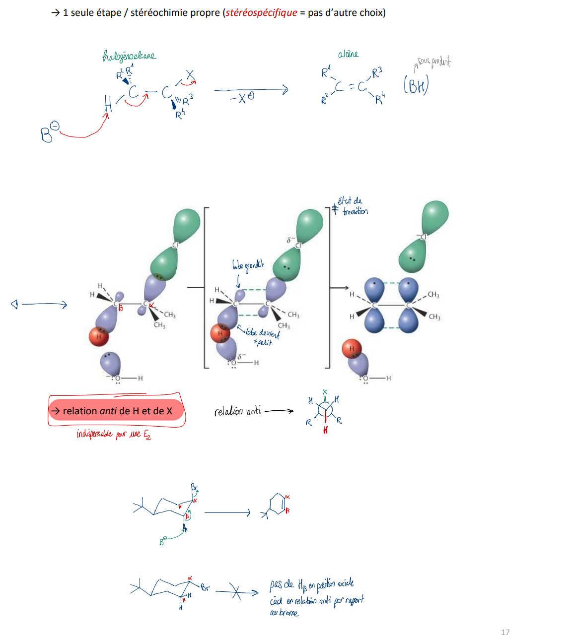 <ul><li><p><strong>1 seule étape / stéréochimie propre (stéréospécifique = pas d’autre choix)</strong></p></li><li><p>Condition: RELATION <strong><em>anti </em></strong>DE <strong>H &amp; X est indispensable pour une E2. </strong></p></li></ul><p></p>