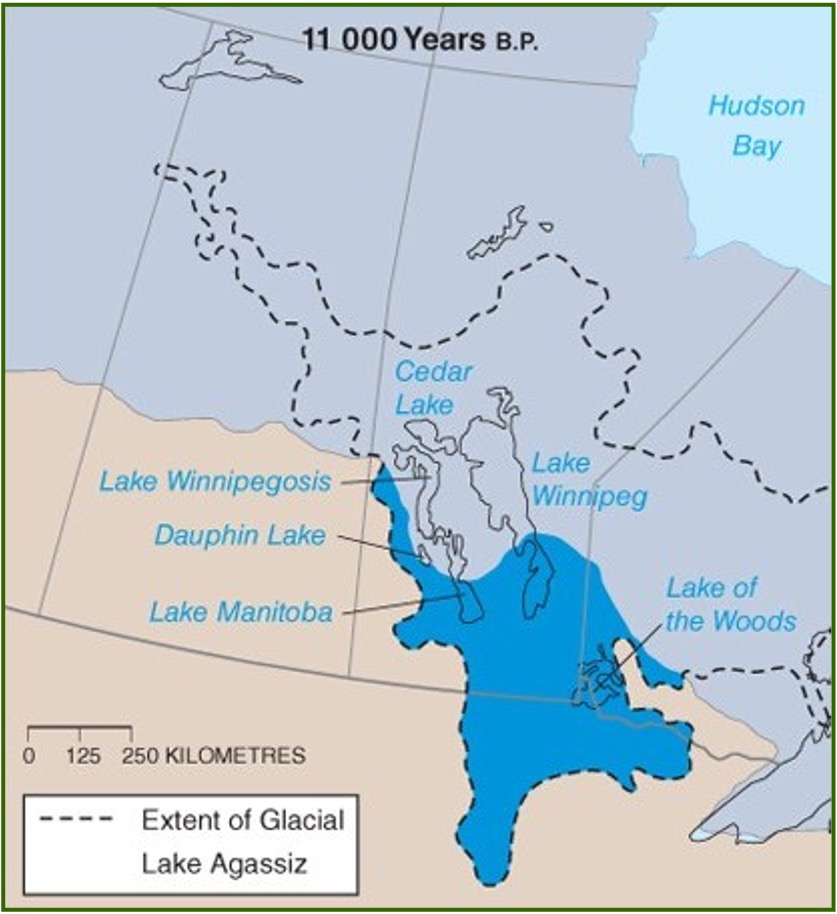 <p>Formed along the southern margin of Ontario as the Laurentide Ice sheet melted. </p><p>lake Winnipeg is a modern relic of Lake Agassiz.</p>