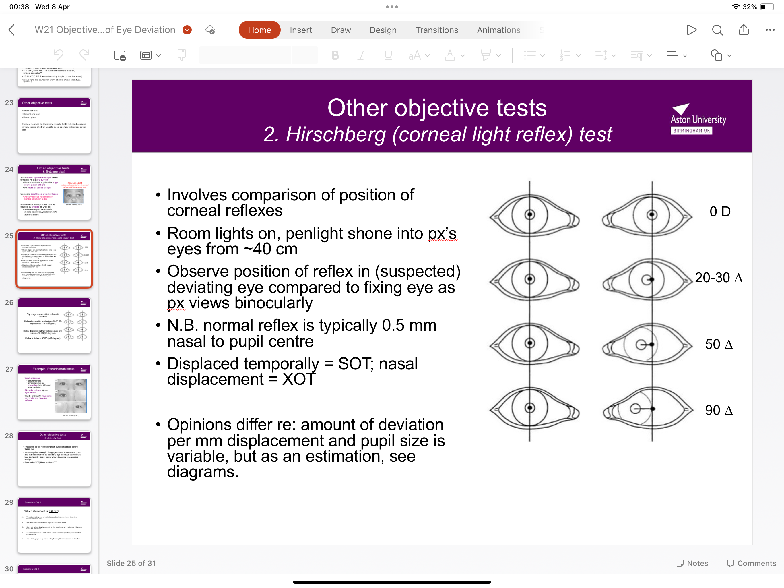 <ul><li><p>Room lights on- shine pen torch at px eye at 40cm</p></li><li><p>Observe position of reflex in suspected deviated eye compared to fixated eye as px views binocularly </p></li><li><p>Displaced temporally (SOT), Nasal displacement (XOT) </p></li></ul><p></p>