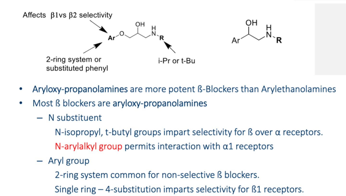 <p>• 3 different generations; -lols</p><p>• MOA: BBs</p><p>• Structure: </p><p>- Bulkier compared to agonist </p><p>- Aryloxy-propanolamines (S) - more potent</p><p>- Arylethanolamines (R)</p><p>- Get B1 selectivity is you use a para-substituted phenyl ring since the B1 N310 is not H-bonding with B1 F325, so the N310 is targeted </p><p>- Arylaklyl group permits interaction with α1 receptors</p><p>• Indications: </p><p>- Prevention of MACE in CCD in patients with HF (<50%) use metoprolol, bisoprolol or carvedilol or a recent history of MI </p><p>- HTP (NOT 1st LINE)</p><p>- Glaucoma (betaxolol)</p><p>- Angina/acute MI</p><p>- Some cardiac arrhythmias</p><p>- Congestive HF</p><p>- Migraine </p><p>- Hyperthyroidism</p><p>• Precautions: Advanced heart block, severe aortic stenosis, cardiogenic shock, Beta1-Adrenergic receptor antagonists</p><p>• Contraindications: Non-DHPs, SA or AV node dysfunction, decompensated HF, severe bronchospastic disease, STOPPING ABRUPTLY (need to taper out)</p><p>• Metabolism: CYP2D6</p><p>- Lipophillic propranolol is cleared by the liver while the rest is cleared by the kidney </p><p>• AEs: </p><p>- Bronchoconstriction (if not selective, it may block beta 2 of lungs)</p><p>- Hypo/hyperglycemia</p><p>- Impaired peripheral circulation</p><p>- Depression (due to decreased NE) </p><p>- Elevated triglycerides (just like loop diuretics)</p><p>• Drug Interactions: Non-DHPs (CCBs), α2-agonist (Clonidine)</p>
