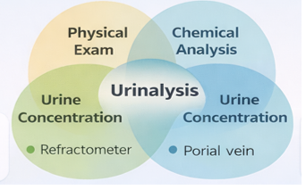 <p><span>Urinalysis is a fundamental diagnostic tool used to assess renal and urinary tract health. It consists of four main components: physical examination, chemical analysis, measurement of urine concentration, and microscopic examination.</span></p><p style="text-align: justify;"><span><strong><u>Physical examination</u> </strong>includes assessment of urine colour and turbidity. Normal appearance varies between species; for example, horses and rabbits naturally produce cloudy urine, which is not necessarily pathological. Diet, stress, and hydration can also affect urine colour.</span></p><p style="text-align: justify;"><span><strong><u>Chemical analysis </u></strong>is commonly performed using dipsticks to assess parameters such as pH and the presence of biochemical components. Results are interpreted by comparing colour changes on the strip to reference scales.</span></p><p style="text-align: justify;"><span><strong><u>Urine concentration </u></strong>is assessed by measuring urine specific gravity using a refractometer, providing information on renal concentrating ability.</span></p><p style="text-align: justify;"><span>Finally, <strong><u>microscopic examination </u></strong>of urine sediment allows identification of cells, casts, crystals, and microorganisms. Sedimentation improves diagnostic yield and can help identify the type of urinary crystals present, which may indicate bladder calculi.]</span></p>