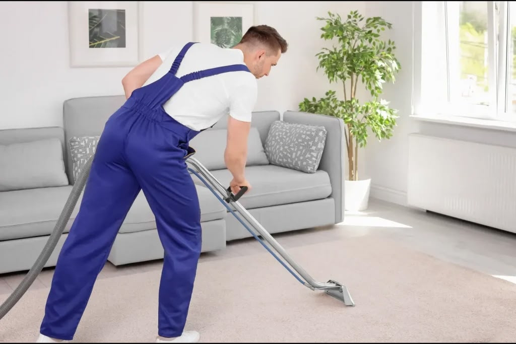 <p>The process of using a vacuum cleaner to remove dirt, dust, and debris from floors, carpets, and upholstery by suction.</p><p>|ˈvækjuːmɪŋ|</p>