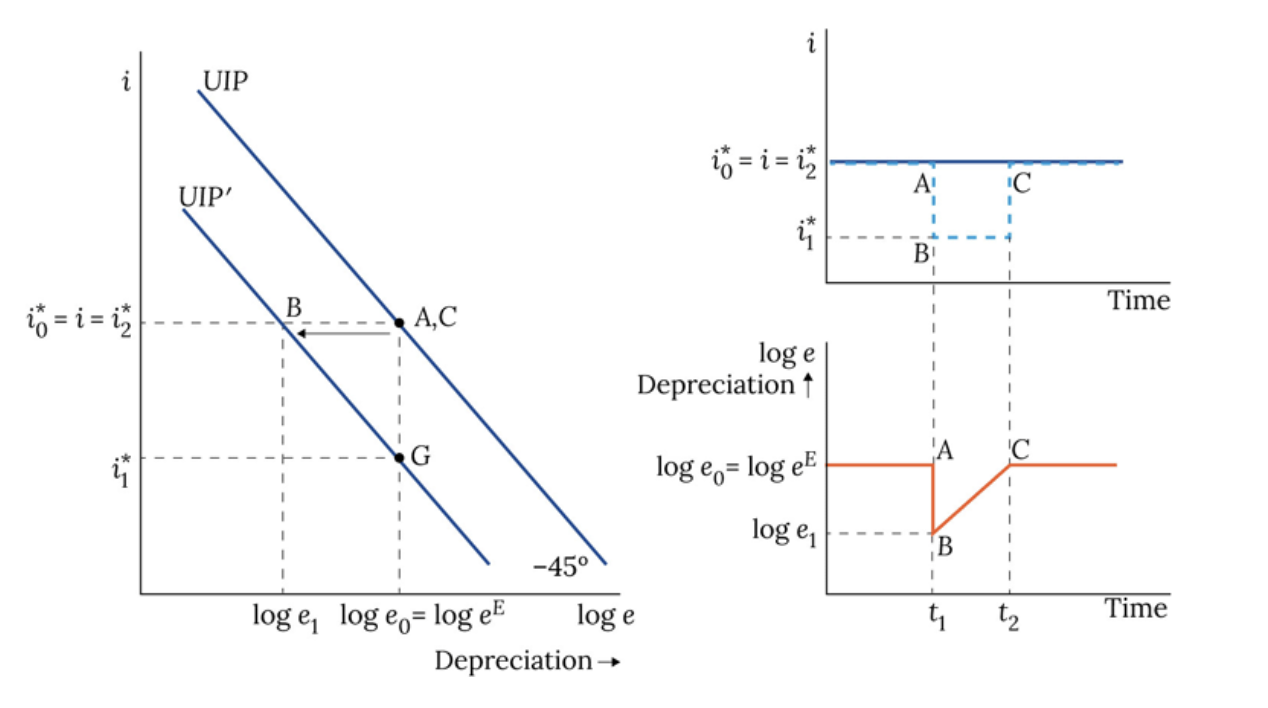 <p>fall in world interest rate shifts UIP (foreign recession)</p>