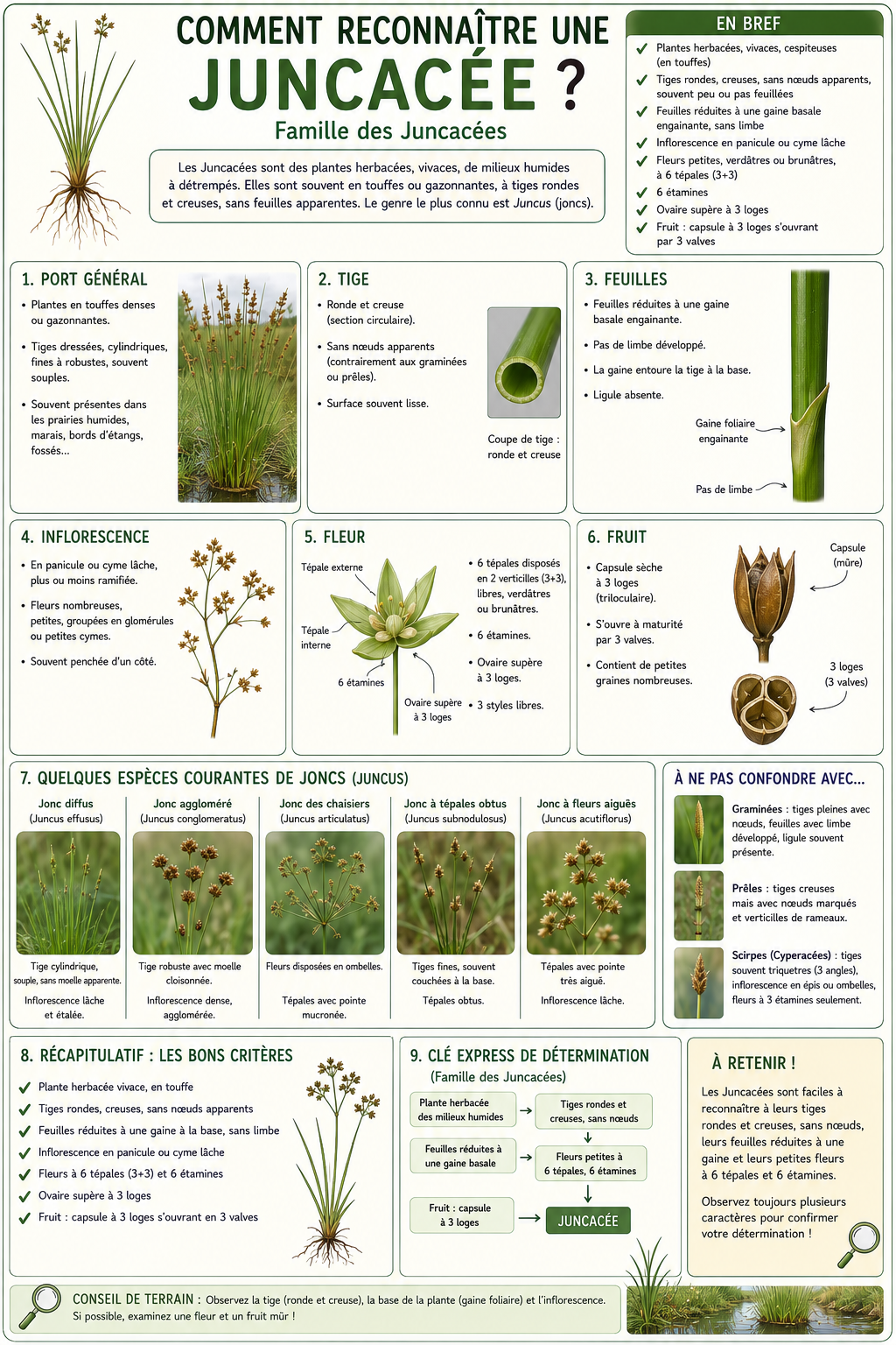 <p>Les Juncaceae sont des monocotylédones ressemblant aux graminées ou aux cypéracées, mais avec des critères distinctifs. Les tiges sont rondes, pleines (avec moelle) et souvent sans nœuds visibles.</p><p>Les feuilles sont linéaires, souvent réduites ou en rosette, parfois très discrètes.</p><p>Les fleurs sont petites, peu colorées (brunâtres ou verdâtres), à symétrie radiale. Elles possèdent un périgone de 6 tépales (donc pas de distinction pétales/sépales), 6 étamines et un ovaire supère formé de 3 carpelles.</p><p>Les inflorescences sont souvent latérales, ce qui peut donner l’impression que la tige se prolonge au-delà.</p><p>Le fruit est une capsule.</p><p>Résumé : “jonc = tige ronde pleine + petites fleurs à 6 tépales”.</p>