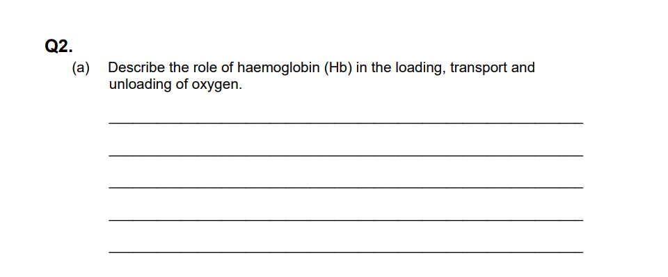 <p>Describe the role of haemoglobin (Hb) in the loading, transport and unloading of oxygen</p>