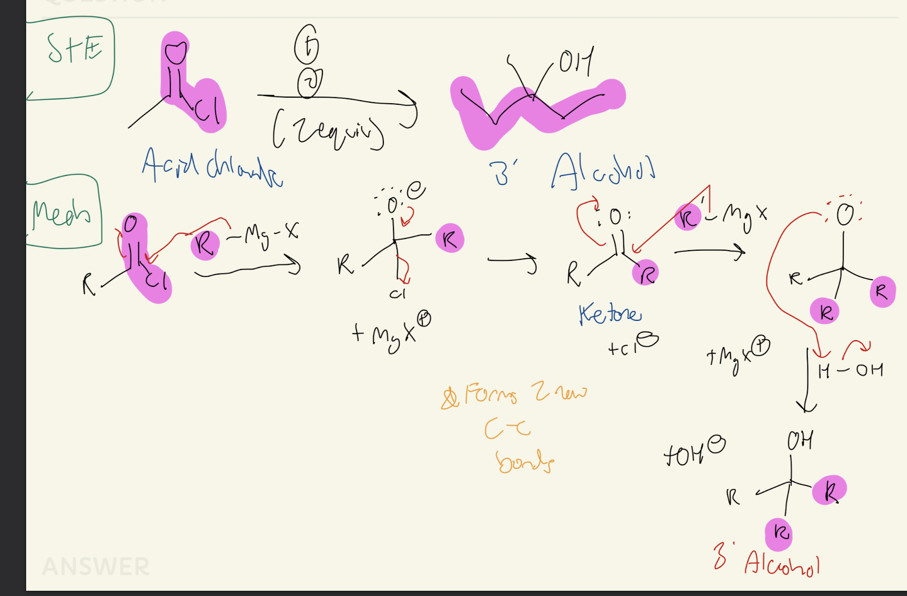 <p>Acid Chloride → 3° Alcohol</p>