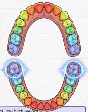 <p>6-month start → eruption sequence beings with the primary mn central incisor</p><p>3-year finish → by age 2.5-3yrs, all 20 primary teeth have fully erupted into the oral cavity</p><p>first PM molars (6-7 yrs) → the only permanent teeth that show a trace of hard tissue formation at the exact moment of birth</p><p>sequence highlights: </p><p>mn central incisor & first molars: 6-7 yrs</p><p>canines & premolars: 9-12yrs</p><p>second molars: 11-13 yrs</p><p>delays in this sequence can be tied to: genetics, low birth weight, nutritional deficiencies, specific syndromes (down syndromes, regional odontoplasia)</p>