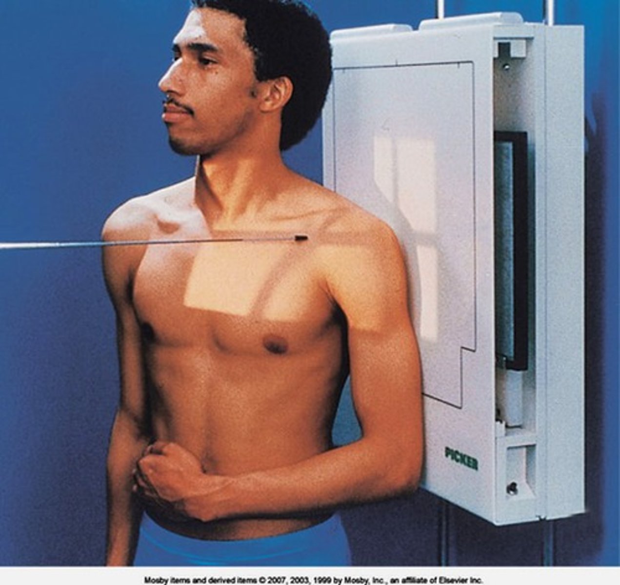 <p>S - around waist</p><p>T - 7 mAs @ 70 kVp</p><p>A - none</p><p>M - correct marker above shoulder</p><p>P - PT 35-45 degree rotation toward affected side w/ arm abducted, CR @ joint space</p><p>S - 40"</p><p>B - suspension</p><p>C - 10 x 12 crosswise</p>