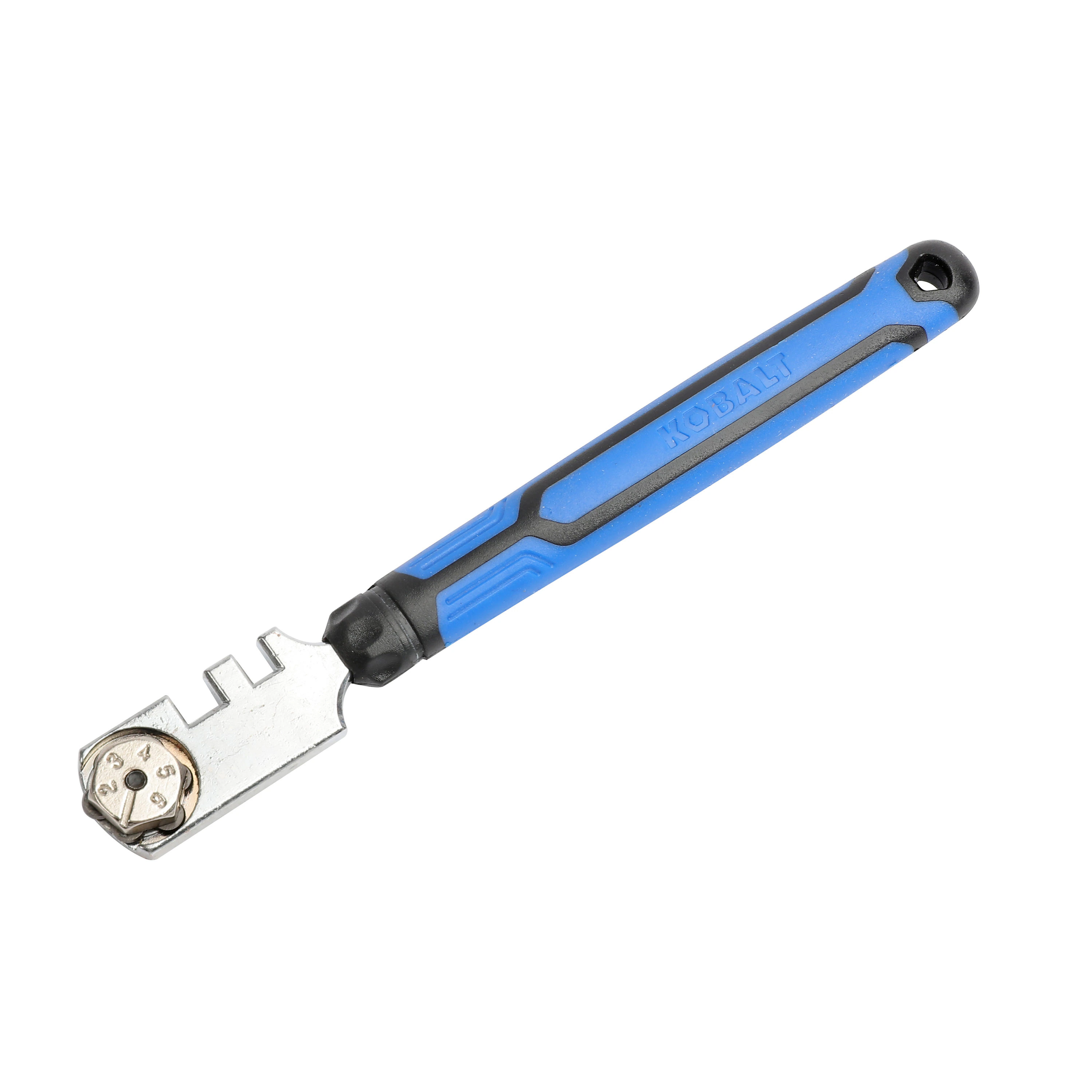 <p>Hand tool with hardened wheel used to score glass, allowing it to break cleanly along the scored line when pressure or tapping is applied.</p>
