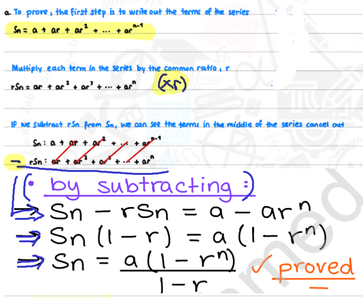 <p>in summary: <br><br>step 1 (write down eqn1) → <mark data-color="yellow" style="background-color: yellow; color: inherit;">Sn = a + ar .... ar<sup>n-1</sup></mark><br><br>step 2 (write eq2, which is r x eqn1) → <mark data-color="yellow" style="background-color: yellow; color: inherit;"> rSn = ar + ar² ..... + ar<sup>n</sup></mark><br><br> step 3 (eqn 1 - eq2 to get) →  <mark data-color="yellow" style="background-color: yellow; color: inherit;">Sn - rSn = a - ar<sup>n</sup> </mark><br><br><br>step 4: solve to get Sn = the normal formula</p>
