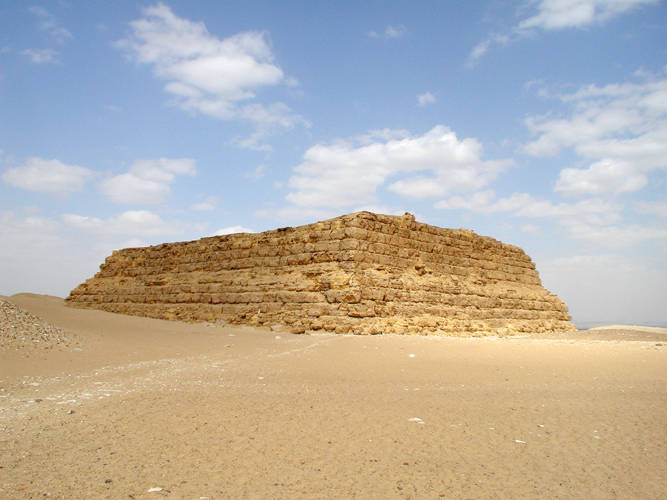 <p>the original egyptian funerary structure: one-story tall with a flat roof. later, mastabas stacked on top of each other created the stepped pyramids, and finally the famous pyramids as we know them</p>