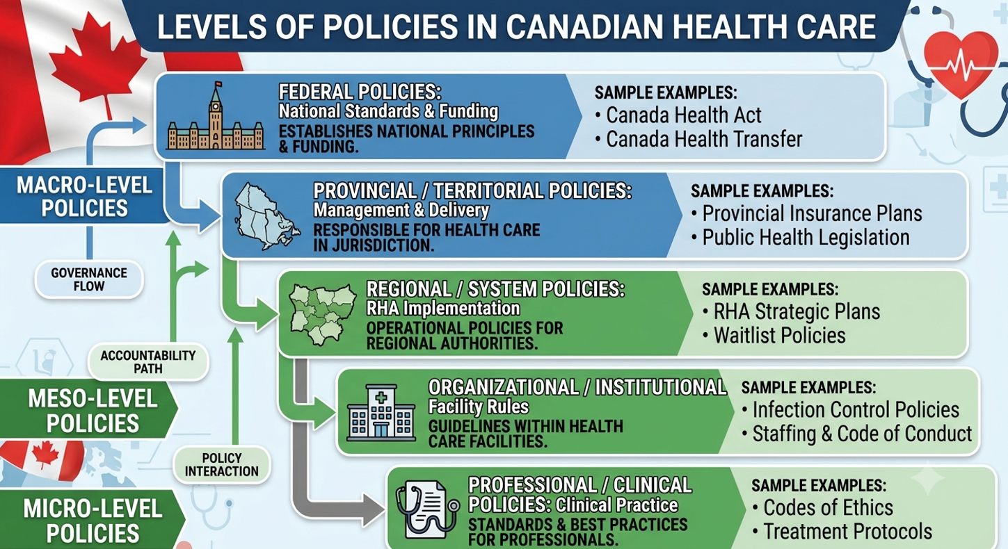 <ul><li><p>federal = national principles & funding</p></li><li><p>provincial = health care jurisdiction</p></li><li><p>regional = policies for regional authorities</p></li><li><p>organizational = guidelines in healthcare facilities</p></li></ul><p></p>