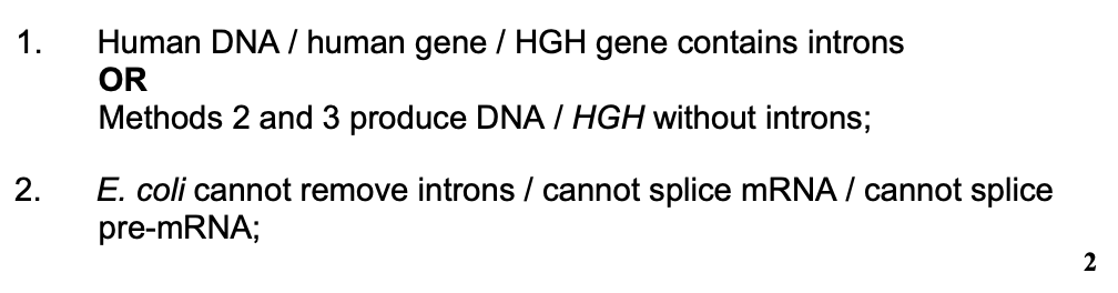 <ul><li><p>human DNA contains introns</p></li><li><p>E. coli cannot remove introns </p></li></ul><p></p>