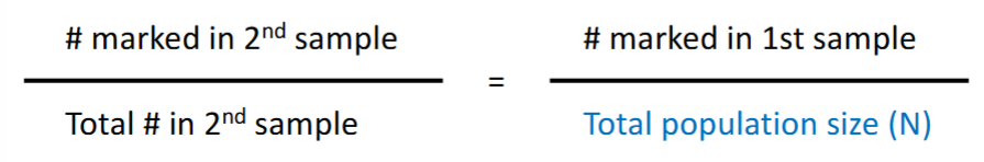 <p>and N=MC/R </p><p>m= # individuals captures </p><p>c= number of individuals captured on second visit </p><p>R= number of individuals captured and marked on the first visit that were also recaptured on the second visit </p>