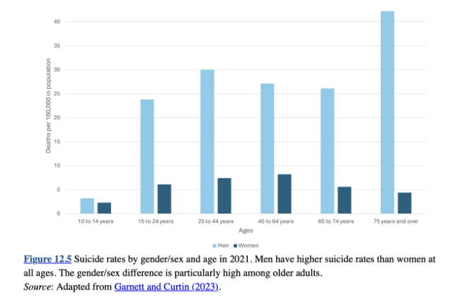<ul><li><p><span style="background-color: transparent;"><strong>More men complete; 4x more likely to complete fatal suidice than women</strong></span></p></li><li><p><span style="background-color: transparent;"><strong>Higher rates of fatal suicide among american natives and alaska natives</strong></span></p></li><li><p><span style="background-color: transparent;"><strong>Trans adults 7x more likely to think about suicide and 8x more likely to do nonfatal suicidal bx than cis adults</strong></span></p></li><li><p><span style="background-color: transparent;"><strong>LBGTQ+ youth 3.5 times more likely to engage in suicidal bx than their cishet peers</strong></span></p></li></ul><p></p>