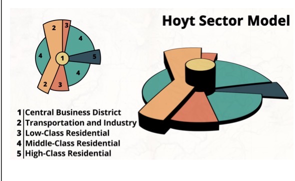<p>Wedge shaped sectors CBD, less dominant low income resident’s, always near factories and transportation</p>