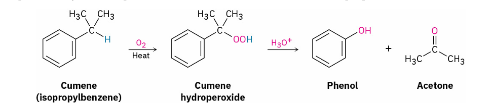 <ol><li><p>O<sub>2</sub>/heat     => peroxide </p></li><li><p>H<sub>3</sub>O+</p></li></ol><p></p>