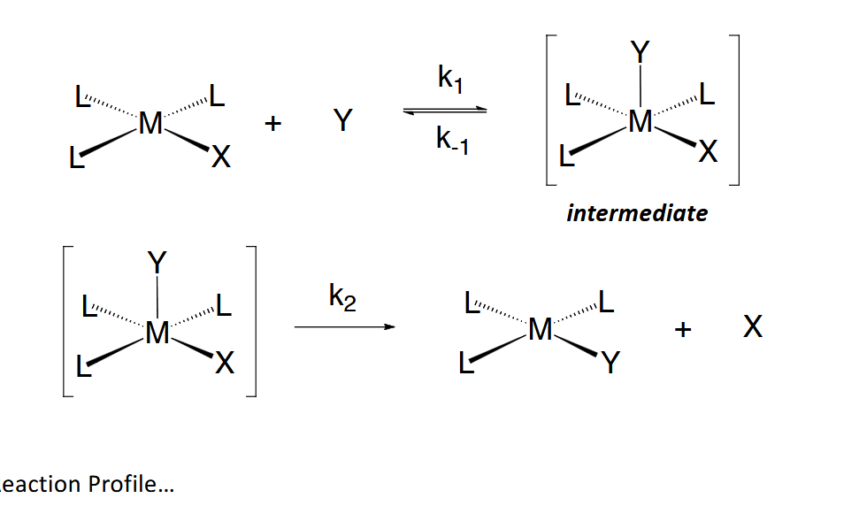 <p>-analogous to SN2<br>-<span>A two step mechanism that proceeds via a rate limiting M-Y bond forming step, leading</span><br><span>to a short-lived reactive intermediate with an expanded coordination number, that can</span><br><span>either back react by loss of Y or lose X to give product—usually irreversibly.</span></p><p><span>-second order</span></p><p><span>rate = d[L3 MY]/dt =</span><br>(<span>k1k2 [L 3MX][Y])</span>/(<span>k-1 + k2)</span></p>