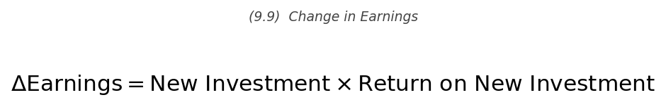 <p>\Delta\text{Earnings} = \text{New Investment} \times \text{Return on New Investment}</p>
