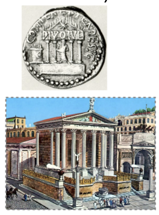 <p>Caesar’s body may have been cremated here</p><p>Dedicated by Augustus in 29 BCE to the divine Julius</p><p>Coin depicts temple with comet (symbolizing Caesar’s divinity) shown in pediment</p><p>Rostra (ships prows from battle of Actium) decorated front podium </p>