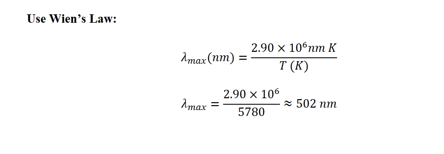 <p>The average temperature of the photosphere is 5780 K. What color is the maximum intensity<br>of a 5780 K blackbody? Is this the color we normally associate with the photosphere?</p>