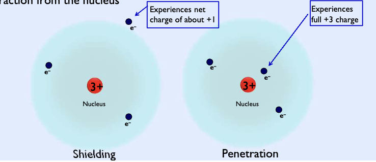 <p>As an outer electron undergoes penetration into the region occupied by the inner electrons, it experiences a greater nuclear charge and more attraction from the nucleus</p>