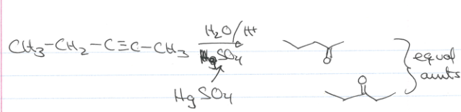 <p>you get equal parts of a =O on each of the carbons across the triple bond </p>