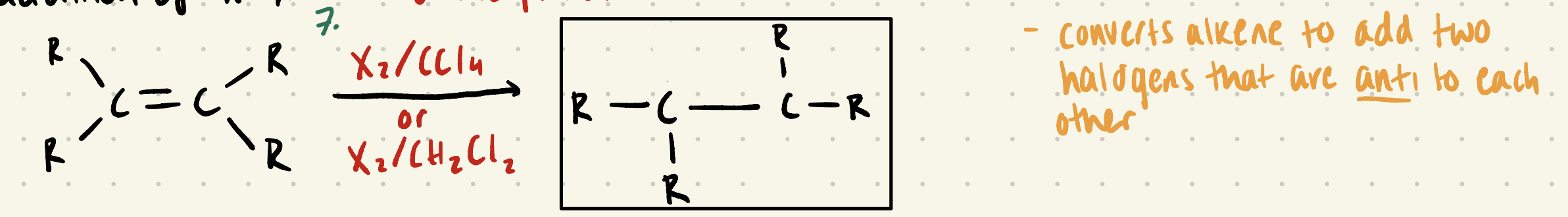 <p>ANTI COPLANAR addition of halogens (Br, Cl, I)</p>