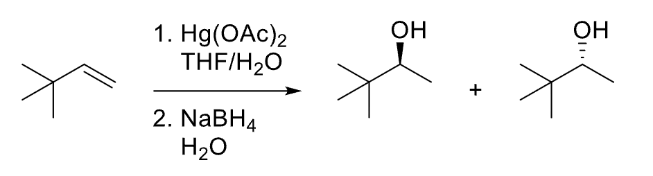 <p><strong>Markovnikov</strong></p><p><strong>Not stereospecific</strong></p><p>Reactant: alkene</p><p><strong>Reagents: 1. Hg(OAc)<sub>2</sub>, THF or H<sub>2</sub>O or CH<sub>3</sub>OH / 2. NaBH<sub>4</sub> , H<sub>2</sub>O</strong></p><p>Mechanism: double bond acts as Nuc: and attacks Hg<sup>+</sup>OAc, which also acts as Nuc: and attacks double bond, forming <strong>bridged (triangle) intermediate. </strong>H<sub>2</sub>O attacks bridge on opposite face on more substituted side, another H<sub>2</sub>O grabs H and forms OH. NaBH<sub>4</sub> replaces HgOAc with H.</p><p><strong>End Goal: Add OH to more substituted side of double bond. Racemic if chiral center formed.</strong></p>