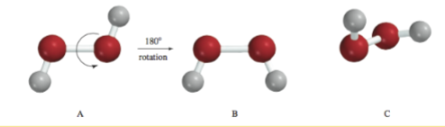 <p>Three conformations of hydrogen peroxide (H2O2)are shown. Conformation C, with an H–O–O–H angle of 115 degree, is the most stable</p><p>it is staggered, the oxygens are the farthest away in 3D space</p>