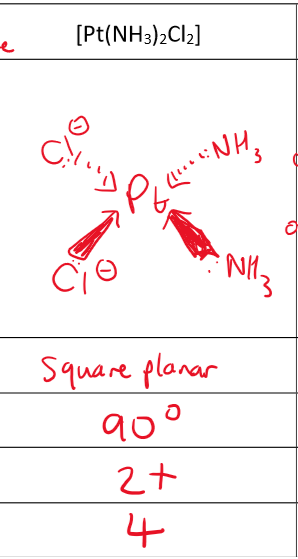 <p>4 ligands; 2 large and 2 small</p><p>E.g. cis-platin [Pt(Cl)2(NH3)2]</p>