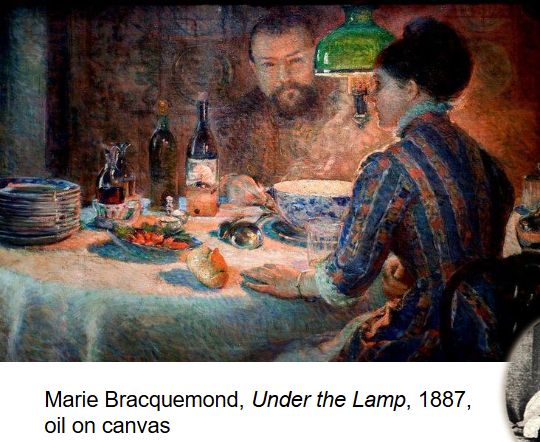 <p><strong>Identification:</strong></p><ul><li><p>Artist: Bracquemond</p></li><li><p>Title: <em>Under the Lamp</em></p></li><li><p>Date: 1887</p></li><li><p>Movement: Impressionism</p></li></ul><p><strong>Historical Context:</strong></p><ul><li><p>Bracquemond was associated with the Impressionists but is less well-known.</p></li><li><p>Later accounts (from her son) revealed that her husband was controlling and discouraged her artistic career.</p></li><li><p>This background adds deeper meaning to the domestic scene and the dynamics between the figures.</p></li></ul><p><strong>Style:</strong></p><ul><li><p>Focus on an interior domestic setting, with careful attention to light from the lamp.</p></li><li><p>Details such as steam rising from the bowl and objects on the table create a sense of everyday realism.</p></li><li><p>The lighting creates a warm but slightly tense atmosphere.</p></li></ul><p><strong>Themes:</strong></p><ul><li><p>The painting shows a quiet domestic moment between a husband and wife.</p></li><li><p>The man’s strong gaze creates a sense of tension and control within the scene.</p></li><li><p>The woman’s presence suggests a more restrained or defined role within the household.</p></li><li><p>The work reflects <strong>gender roles and power dynamics</strong> within the home.</p></li><li><p>There is an underlying sense of <strong>psychological strain</strong>, even within an ordinary setting.</p></li><li><p>The painting captures how everyday domestic life can contain subtle emotional tension.</p></li></ul><p></p>