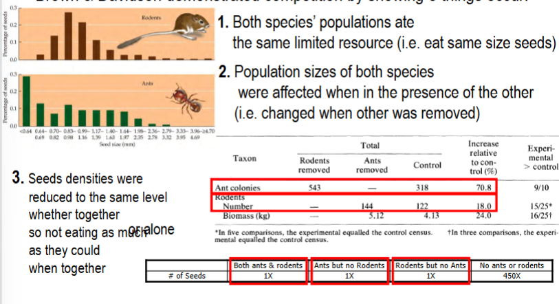 <p>Brown &amp; Davidson</p><p>2 species, ant and rodent, both eat same limiting resource (same size seeds)</p><p>population sizes of both species were affected when in the presence of the other; changed when the other was removed (both decreased in number when competition was present, rodents’ size also decreased when competition was present)</p><p>seed densities were reduced to the same level whether together or alone, so each spp was eating less than they could when competition was present (each spp eats as much as they can)</p>