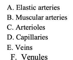 <p><span style="background-color: transparent;">Arrange the blood vessels listed above in order of how they are arranged from the heart to the body and back to the heart. (Write the name of the vessels, not the letter).</span></p>