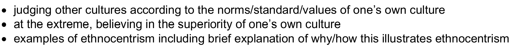 <ul><li><p><span>Type of culture bias which assumes superiority of a cultural/ethnic group</span></p></li><li><p><span>Most research comes from Western Cultures (particularly America and Europe)</span></p></li><li><p><span>Comparatively can see other cultures as 'unsophisticated'</span></p><ul><li><p><span>Ainsworth - misinterpreting child-rearing practice in other countries which deviated from the American 'norm' as inferior to a 'secure attachment' which is favoured in American culture</span></p></li></ul></li></ul><p></p>