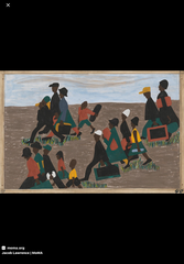 <p>Which statement BEST explains how movement is created in The Migration Series by Jacob Lawrence</p>