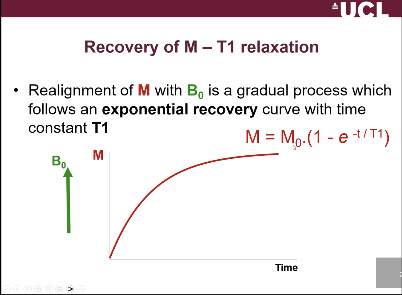 <ul><li><p>T1 relaxation is the way M returns back to B0.</p></li><li><p>IT returns by an exponential recovery </p></li></ul><p></p>