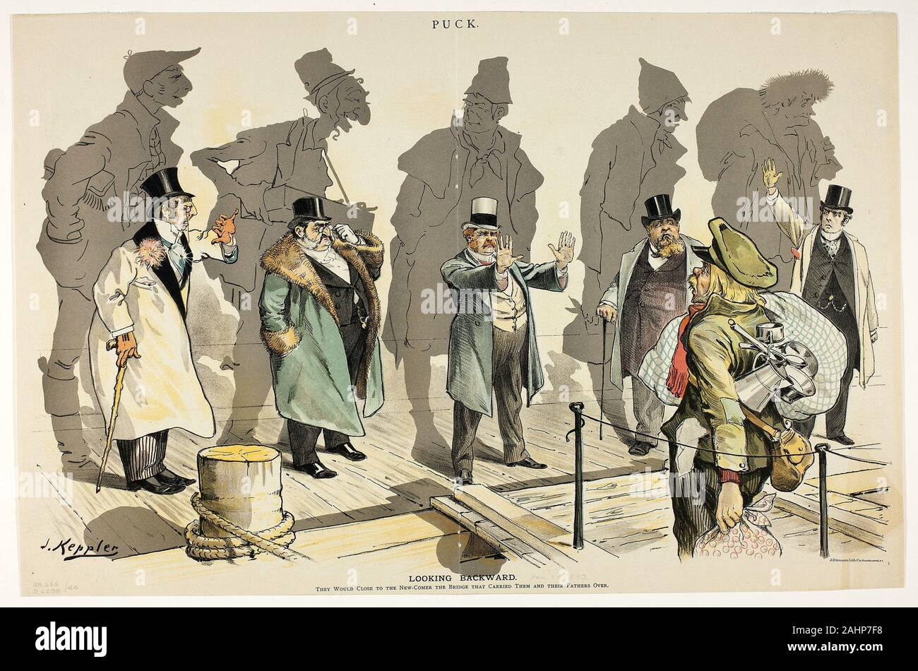 <p>A relatively progressive immigration cartoon that highlights the hypocrisy of established Americans (many were former immigrants or had immigrant family) who tried to block new immigrants from entering the country. "They would close to the new-comer the bridge that carried them and their fathers over.”</p>