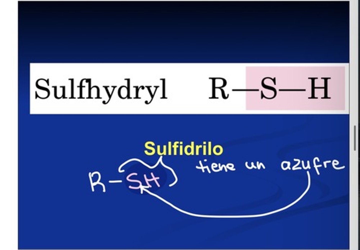 <ul><li><p>El grupo tiol/sulfhidrilo es un grupo funcional que contiene un átomo de azufre (S) unido a un átomo de hidrógeno (H). Su fórmula general es R—SH. R—SH</p></li></ul><p></p>