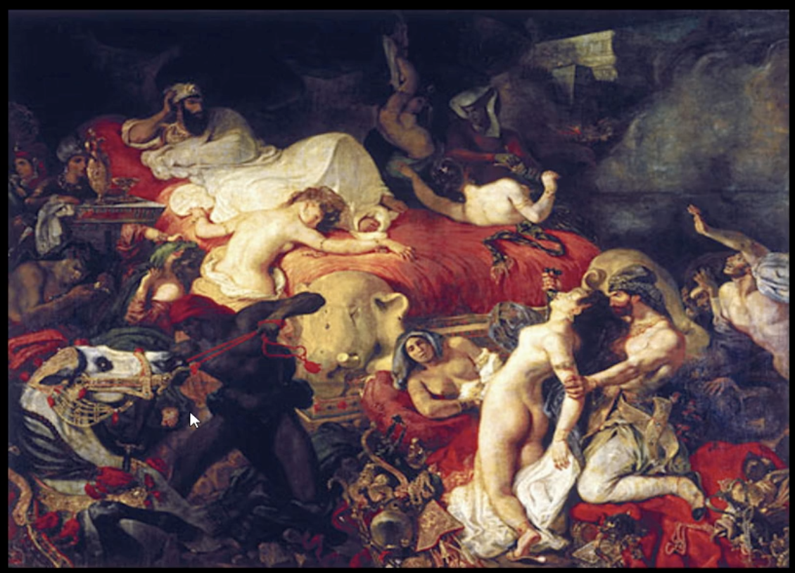 <p>Ancient story, Mass suicide, irrational action, sublime</p><p>● Tenebroso (smoke, shadows) , sublime</p><p>Moment: MURDER</p><p>● Waiching deaths of other we watch someone having a sublime experience (watching the murder of everything he values)</p><p>● Red all over the painting, but Absence of blood (?)</p><ul><li><p></p></li></ul><p>● **Life scale painting</p>