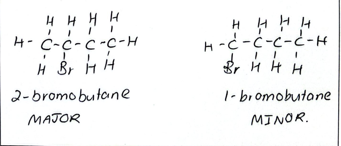 <p>This is an addition reaction as the C=C in but-1-ene is being broken and leaving leaving a c-c to which H and Br will bond. THerefore the reagent needed is Hbr. </p><p>This reaction will form 2 product because but-1-ene is a asymmetrical alkene and because Hbr contains 2 different atoms - the H and the Br - which bond in two different ways. If the H is added to C<sub>1</sub>, the major product will form because C<sub>1</sub> will now have most H atoms bonded to it ( 3 H atoms). </p><p></p><p>THe minor product would form if the H atom from the HBr  is bonded to C<sub>2</sub> , which has the least amount of H atoms bonded to it. And this would produce the minor product. </p>