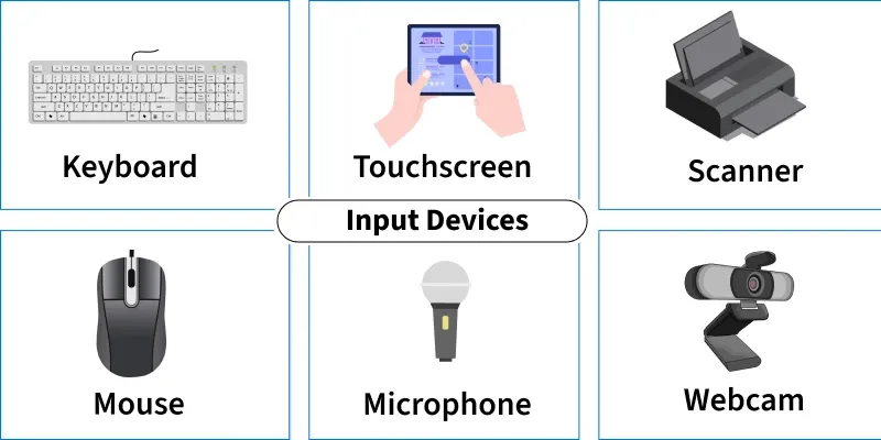 <p>Input devices that are attached to the computer that convert it into binary language that the computer understands. (ex. keyboard, mouse, joystick, scanner, etc.)</p>
