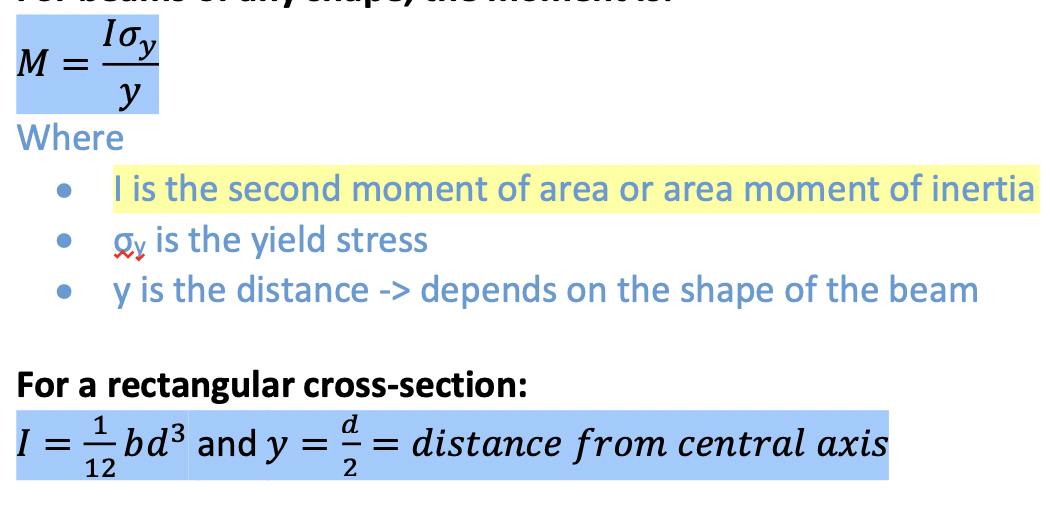 <p>M = Fr</p><p>→ or can use second moment of intertia</p><p></p><p>Note: bending moment is the internal couple at a cut section of a member → like how shear force is the internal force</p>